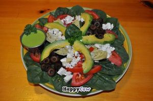 Our Spinach Salad. Organic baby spinach,locally-grown organic tomatoes, sliced black olives (containing NO ferrous gluconate!), artichoke hearts, fresh avocado, with our all-natural homemade Green Goddess dressing (vegans omit feta) at Fudenjuce in Nevada City