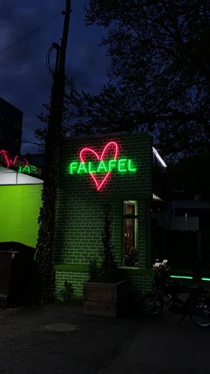 falafel neon sign outside the restaurant at FalafaLafa in Brooklyn