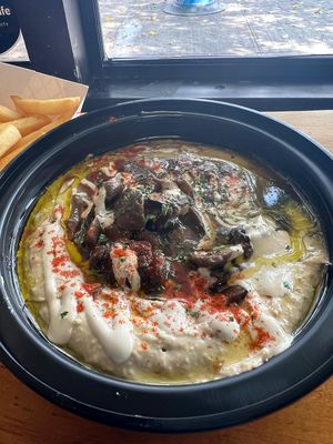 Hummus with Mushrooms. Comes with 3 mini pita breads. at FalafaLafa in Brooklyn