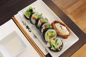 Futomaki roll with raw asparagus instead of baked, tofu nigiri. at Western Sushi in Ringsted