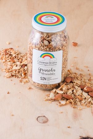 One of the 7 granola mixes offered. With coconut oil and sweetened with sugar cane molasses.  at Conciencia Arcoiris Productos Veganos Artesanales in Mexico City