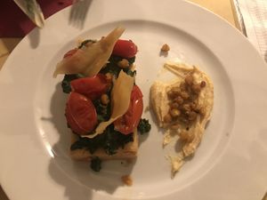 Fried Panissa with chard and tomatoes + hummus at Soul Kitchen in Genoa