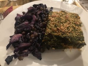 Pumpink and green cabbage lasagna with cashew cheese at Soul Kitchen in Genoa