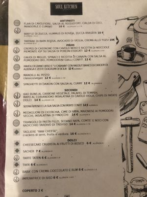 menu (as of march 2022)  at Soul Kitchen in Genoa
