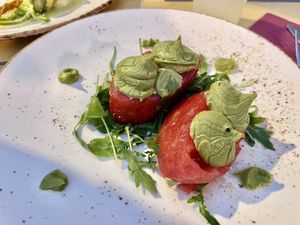 Raw marinated watermelon- delicious!  at Soul Kitchen in Genoa