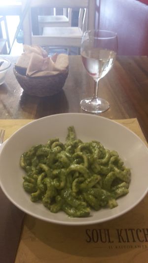 A delicious pesto pasta plate! at Soul Kitchen in Genoa