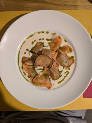 TOMATO RAVIOLI, STUFFED WHIT AUBERGINES, SMOKED "PROVOLONE" FONDUE, BASIL OIL at Soul Kitchen in Genoa