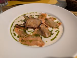 TOMATO RAVIOLI, STUFFED WHIT AUBERGINES, SMOKED "PROVOLONE" FONDUE, BASIL OIL at Soul Kitchen in Genoa