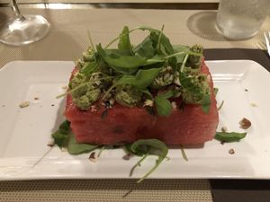 marinated watermelon and vegan cheese at Soul Kitchen in Genoa