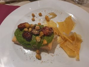 Chickpea bread and pesto starter. Great at Soul Kitchen in Genoa