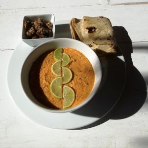 Seasonal soups with nut croutons and Bedouin bread. at Marine Garden Camp in Dahab