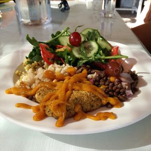 Rice, beans, fresh salads and burgers.. at Marine Garden Camp in Dahab