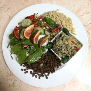 Chick pea toona, fresh salads, rice and beans complete protein. at Marine Garden Camp in Dahab