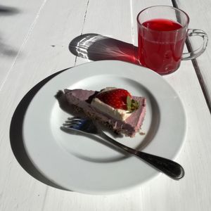 Seasonal strawberry and cream cake, we offer herbal teas in pots and free hot water top ups.
Relax with us by the Red Sea. at Marine Garden Camp in Dahab