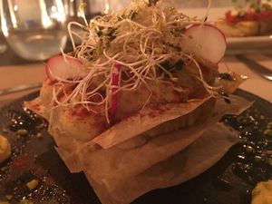 Hummus with crispy wafers  at Om in Girona