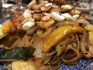 Pad Thai with crispy fried chikn at Om in Girona