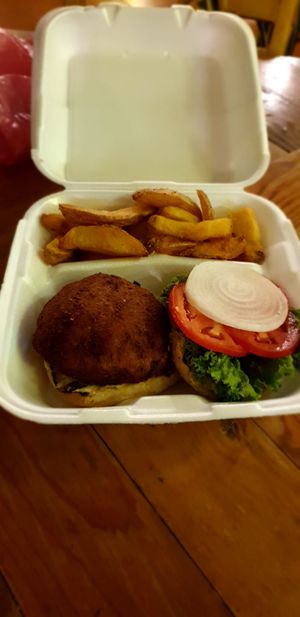 Falafel burger with fries in a takeaway box at Republika in San Juan Del Sur