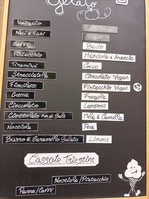 Ice cream flavours of April 2024 (the white ones are Vegan) at Natura Gelato in Trieste