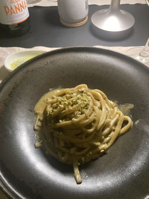 Primi Piatti - Scialatiello with Stigliano pistachio cream. Pasta with pistachio cream, ask for without milk to make sure it’s vegan. Very filling!  at Stano Ristorante Pizzeria in Matera