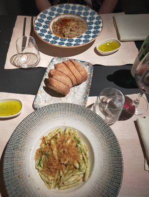 Veganized pasta dishes and Matera bread with olive oil at Stano Ristorante Pizzeria in Matera