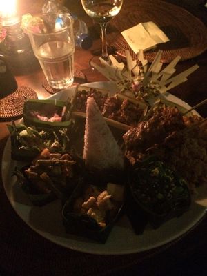 Nasi campur- all the elements in separate little banana leaf bowls! at Miro's Garden Restaurant in Ubud