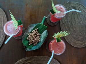Fresh watermelon juice and free peanuts snack at Miro's Garden Restaurant in Ubud