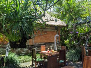 They have many seats under roofs as well at Miro's Garden Restaurant in Ubud