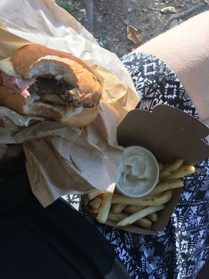 Poutine mini burger and small regular fries with aioli at Lord of the Fries - St Kevins Arcade in Auckland