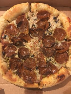 Pan ‘Za - with ‘pepperoni’ and green and black olives at The Chicago House of Za in Chicago