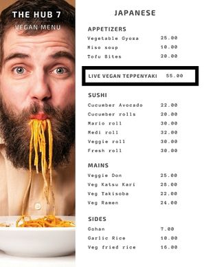 Japanese Vegan Menu at The Hub 7 in Dubai