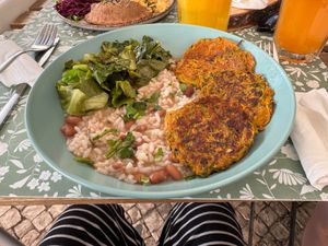 Special of the day. Frittas, rice and greens. at Armazem Integral in Portimao