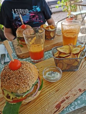 Chickpea burger with sweet potatoes fries at Armazem Integral in Portimao