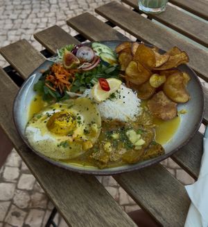rice, chips & vegan egg   at Armazem Integral in Portimao