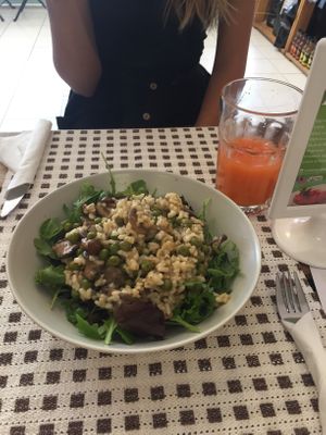 todays menu was a risotto with mushroom and peas on a salad with rucola at Armazem Integral in Portimao