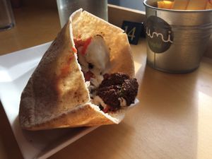 Palestinian falafel, with hummus and grilled aubergines at Umi Falafel in Belfast