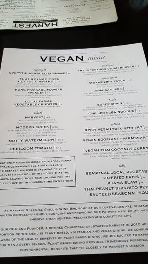 Vegan menu at Harvest Seasonal Grill & Wine Bar in Moosic