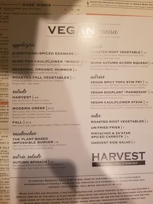 Winter vegan menu at Harvest Seasonal Grill & Wine Bar in Moosic