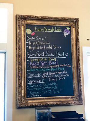 Menu in April of 2018. The only items that are cooked are the soups. at Farm Fresh Cafe in Brunswick