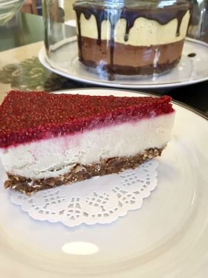 Raw Lime Cheesecake with Rasperberry Topping. at Farm Fresh Cafe in Brunswick