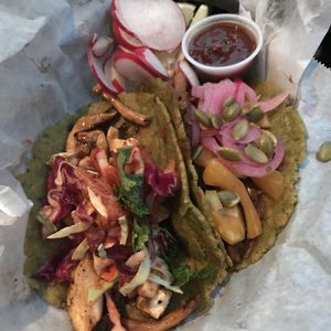 Jackfruit Mole Taco & Ube Taco at Masataco  in Whittier