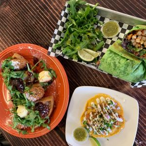 Cauliflower taco, Asada burrito and chikn and waffles. at Masataco  in Whittier