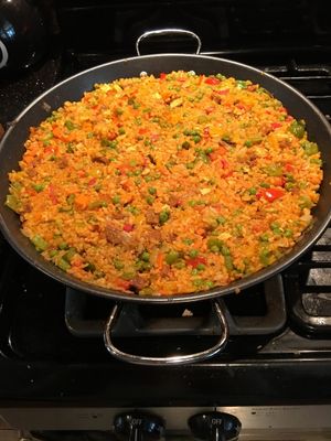 Vegan paella with authentic spices from Malaga, Spain at Twilight & Lemongrass in Avondale Estates