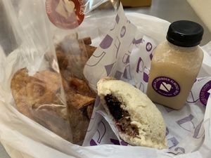 Superfood PB&J, vanilla lavender almond milk, chips (front left), and cinnamon sugar bites (back left) at PBJ.LA in Los Angeles