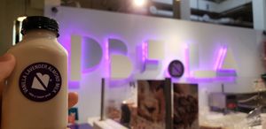 Vanilla Lavender Almond Milk next to the sign at PBJ.LA in Los Angeles