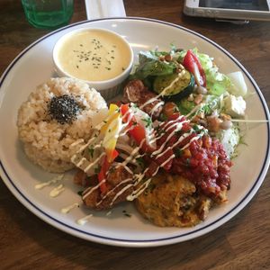 Lunch special! Vegan chickpea croquette with bean salad, brown rice and corn soup! at Cafe Mother Beans in Ikoma