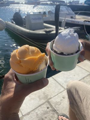 Melon sorbet and coconut sorbet on top   at Akation Pastry Boutique in Naxos