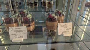 The vegan chocolate desert (in the fridge to the back right) at Akation Pastry Boutique in Naxos