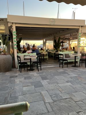 Harbor seating  at Akation Pastry Boutique in Naxos