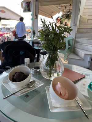 Dark chocolate and pink grapefruit sorbet eat in €4.50 each  at Akation Pastry Boutique in Naxos
