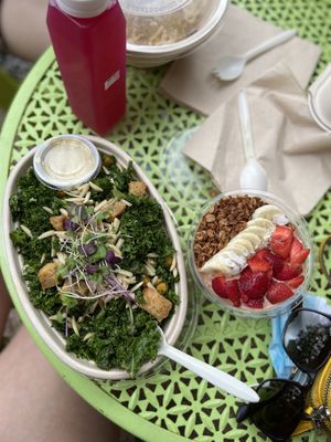 Rosewater Juice, Kale Caesar Salad, Cacao PB Smoothie Bowl.  at Well Fed Louisiana in Shreveport